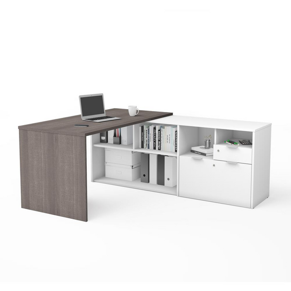 i3 Plus L-Desk with Two Drawers in Northern Bark Gray & White