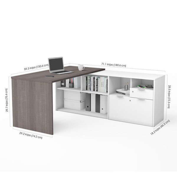 i3 Plus L-Desk with Two Drawers in Northern Bark Gray & White